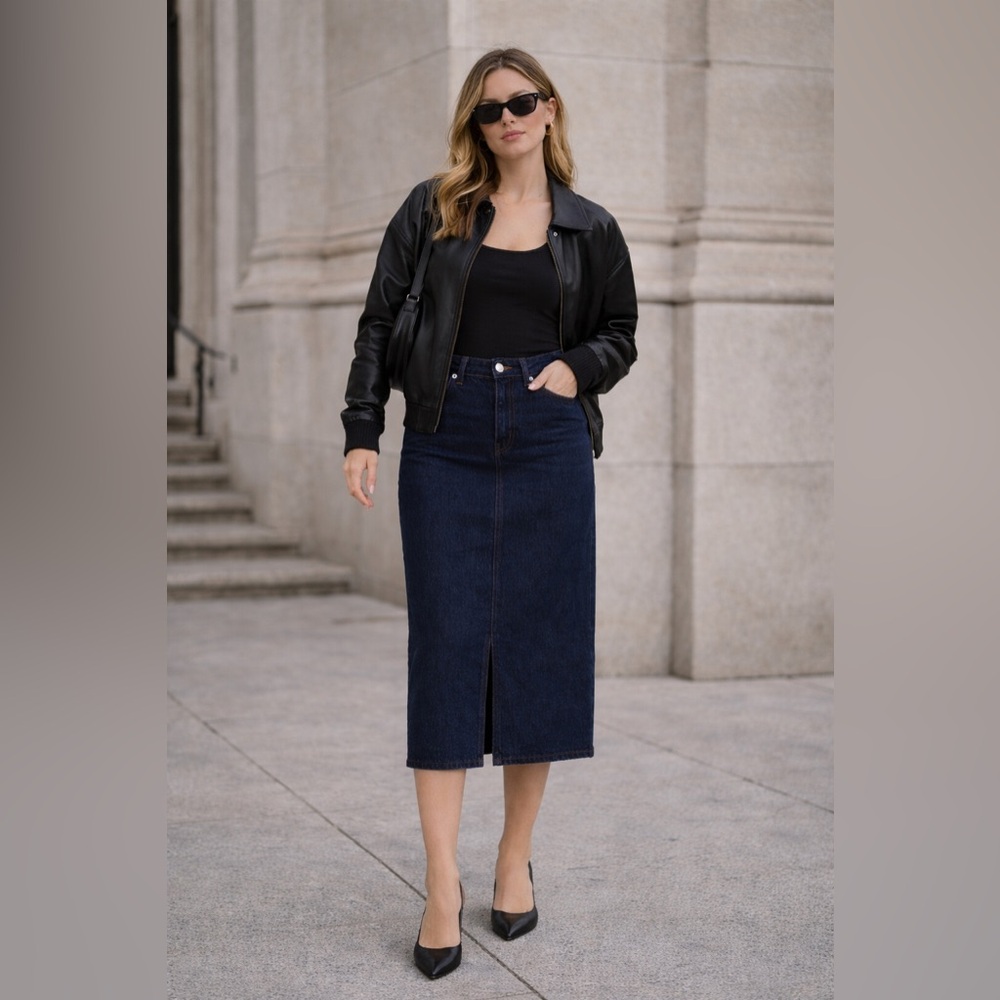 Kay Unger by Kayatone Adeli Deep Indigo Denim Midi Skirt – Size 4 | 100% Cotton